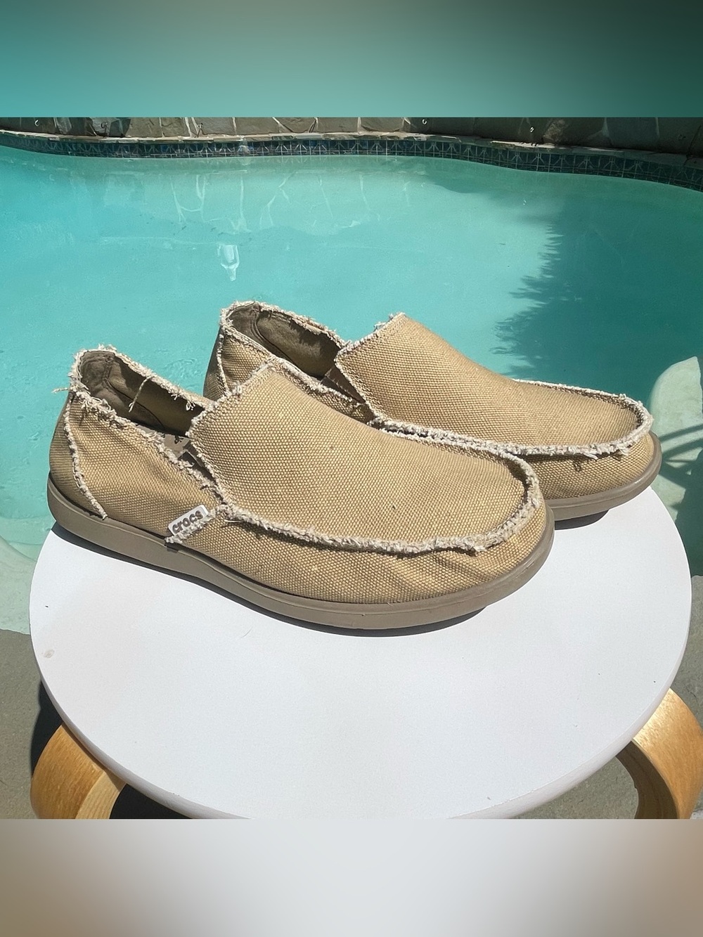 CROCS Men's Santa Cruz Slip-On Loafers Khaki Canvas Frayed Edges Size 11